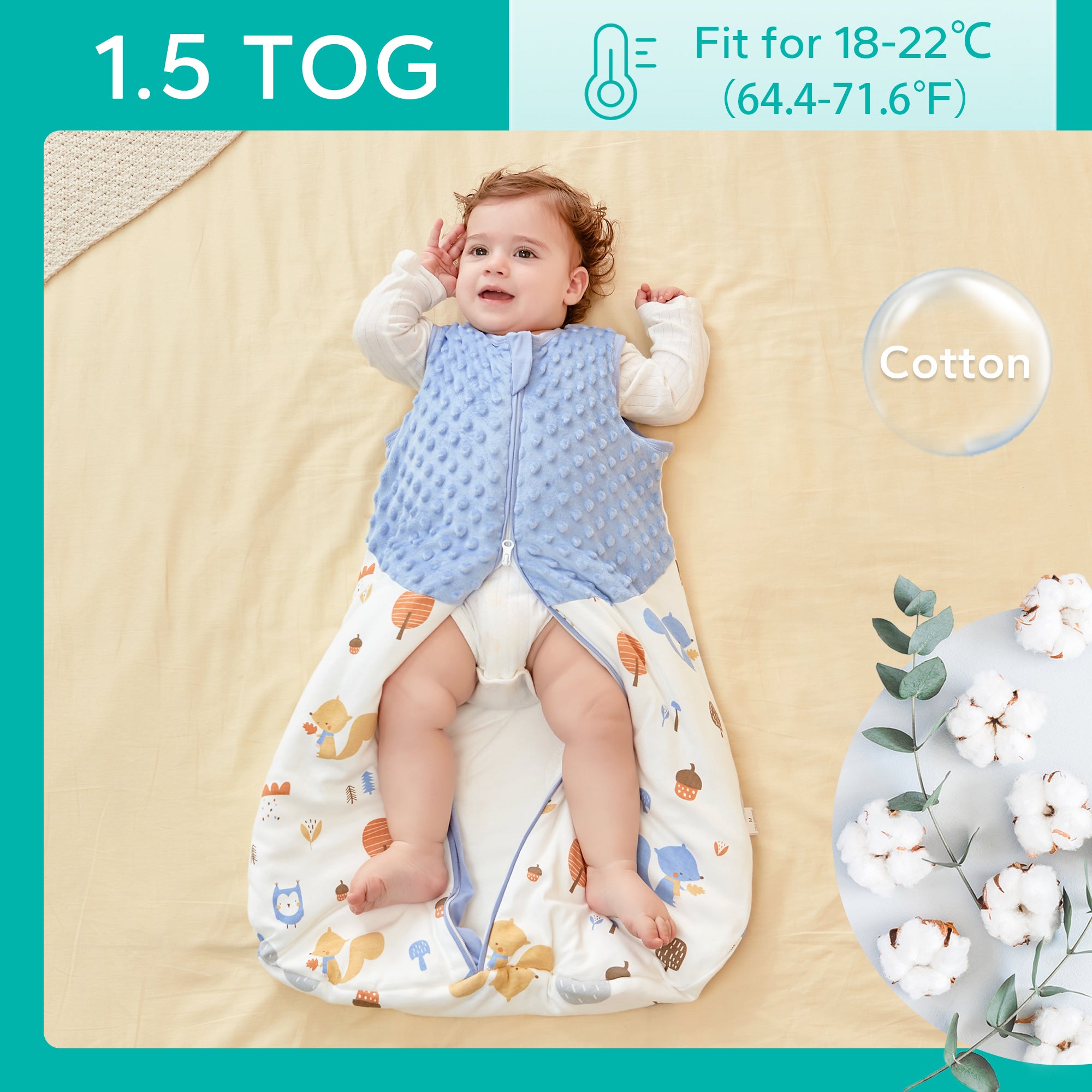 1.5 TOG Sleeveless Baby Sleeping Bag with 2-Way Zip 0-18 Months