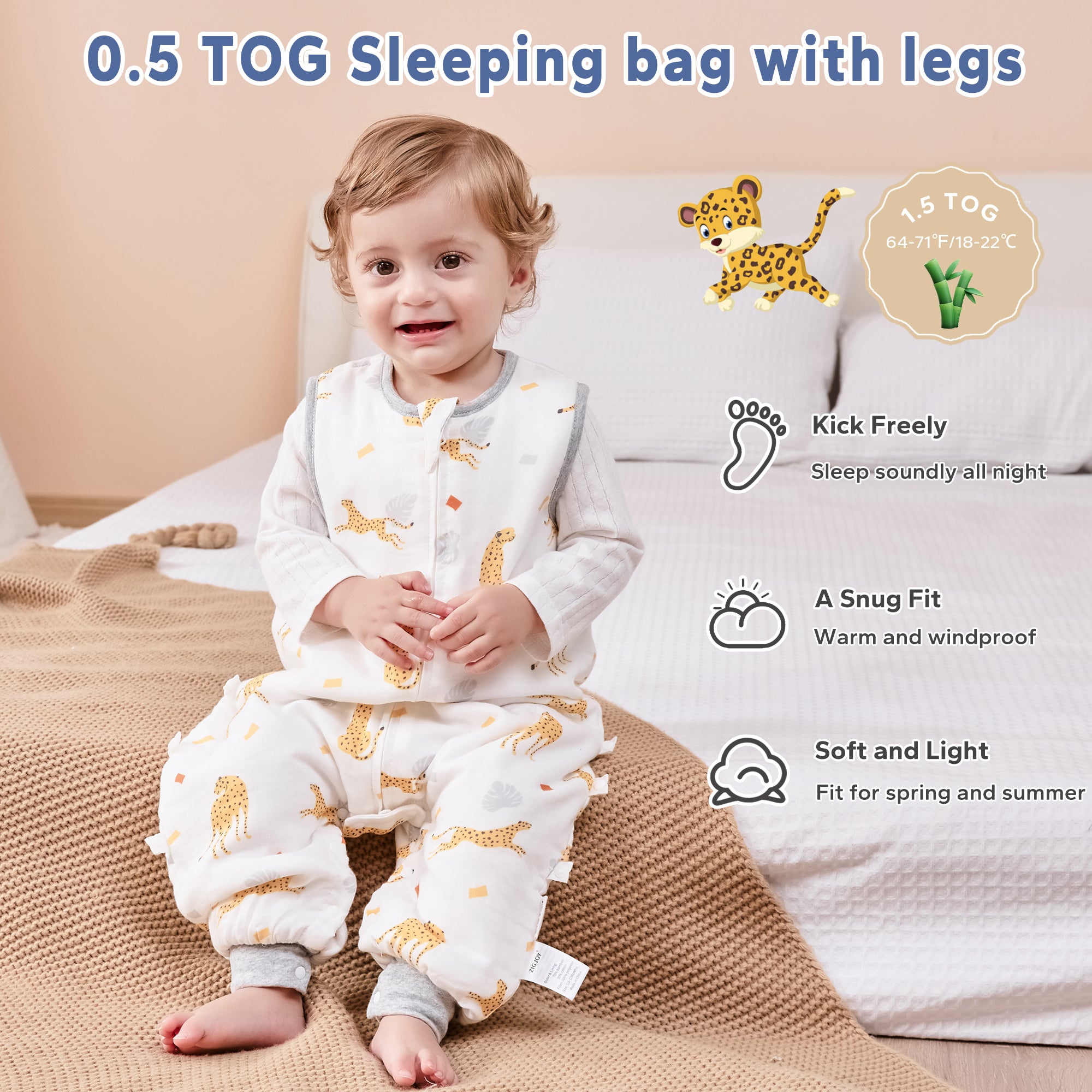 1.5 TOG  Soft Bamboo Cotton Baby Sleep Sack with Feet for Toddler