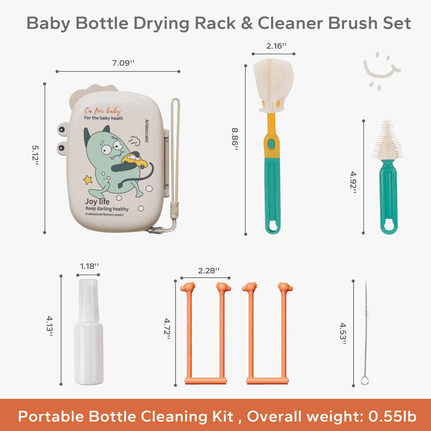 Travel Portable Bottle Cleaner Kit, 8-in-1 Baby Bottle Drying Rack & Cleaner Brush Set with Extendable Silicone Bottle Brush